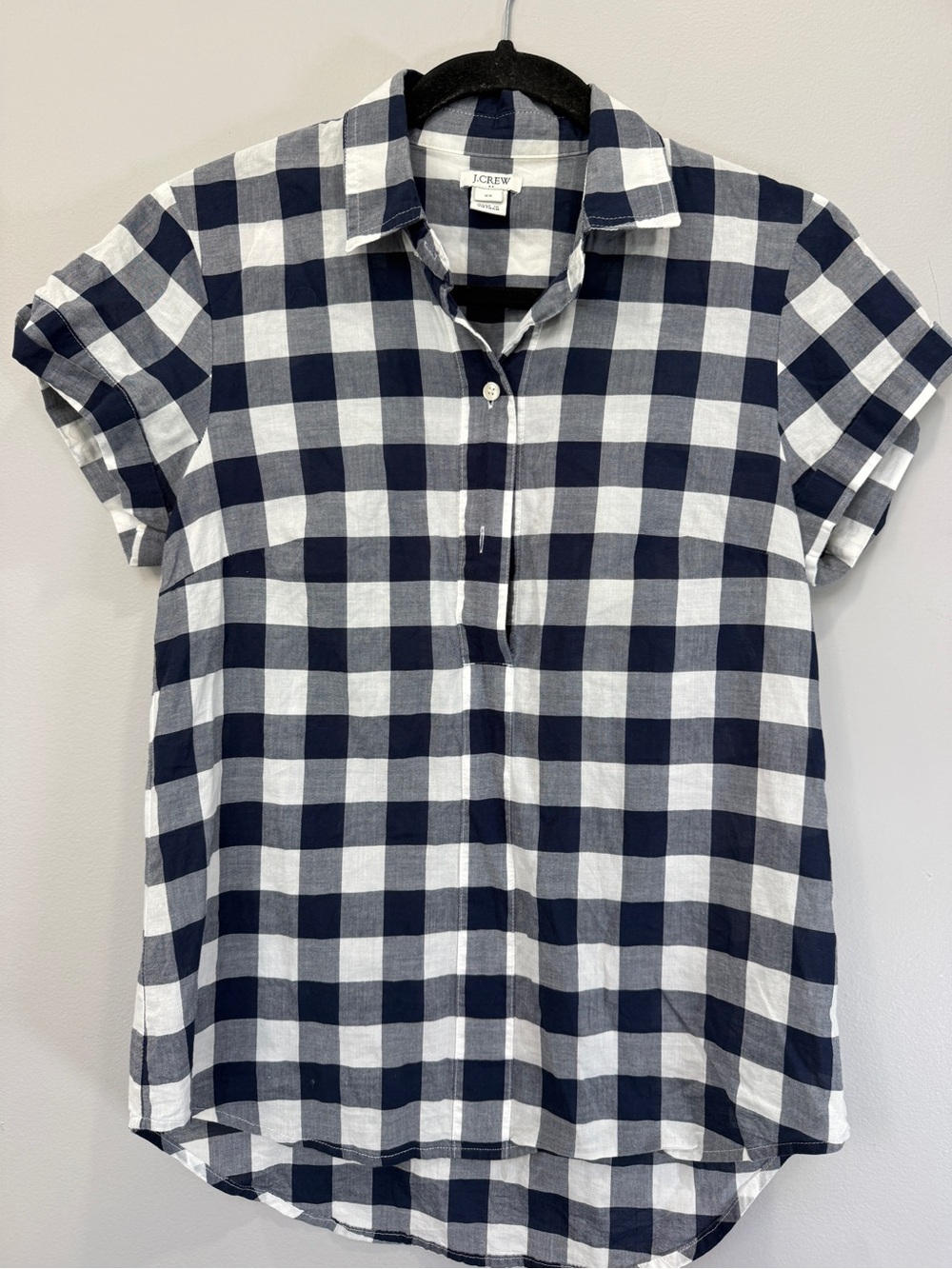 J. Crew Navy and White Gingham Button-Front Short Sleeve Shirt